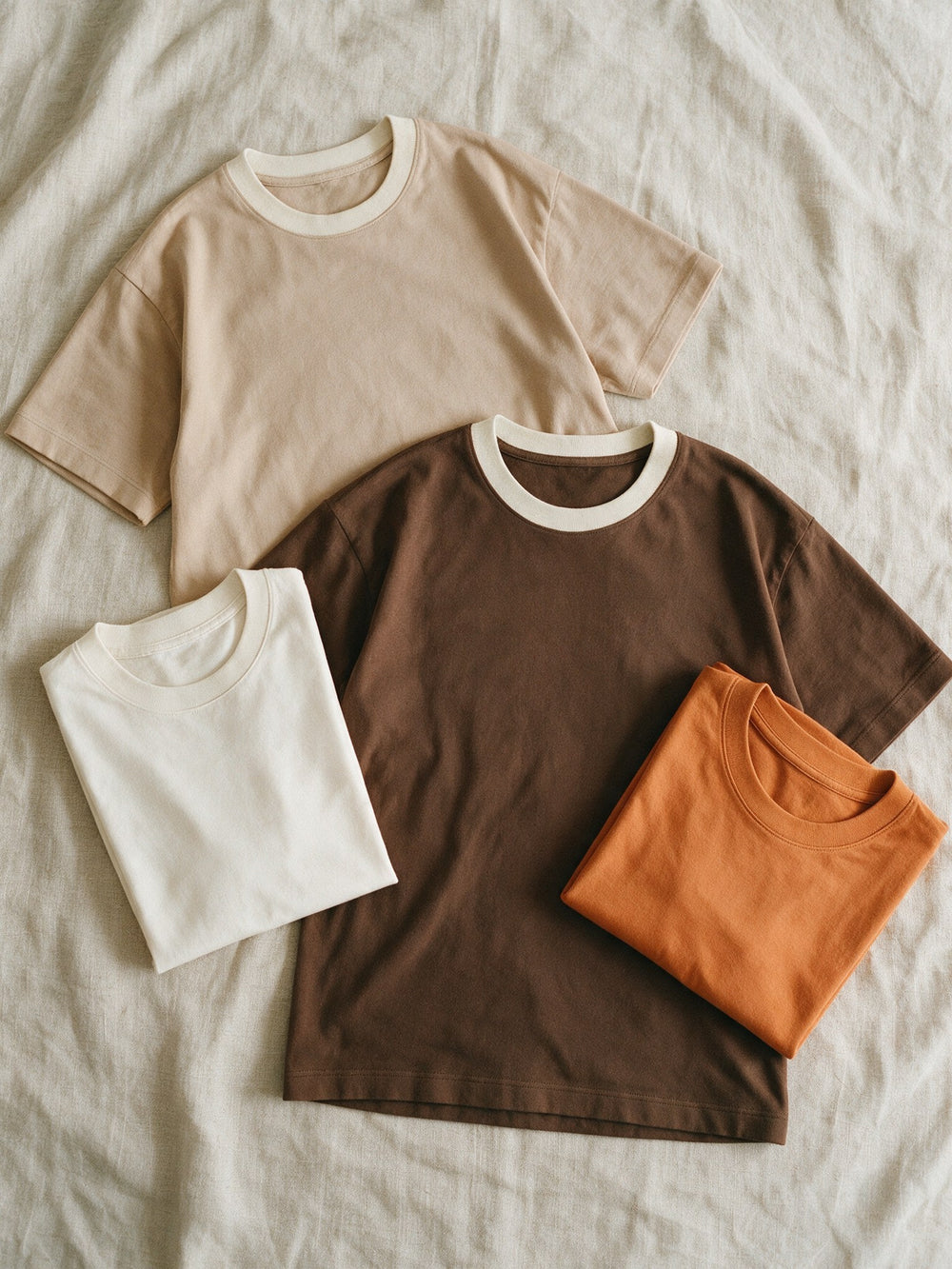 The HASK tee in all four colours, laid out on natural linen
