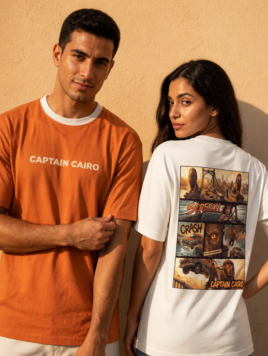 Captain Cairo Tee in Sunrise — and in Sugar White — front and back on two models