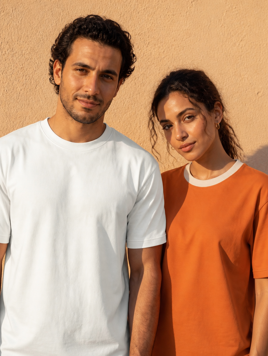 The Basic Tee in Sugar White — and in Sunrise — on two models