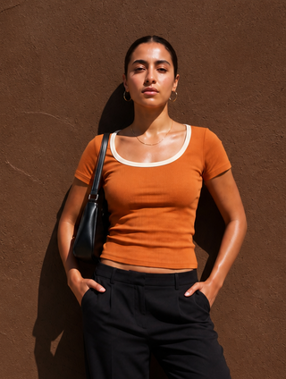 The Fitted Tee in Sunrise — full look on model