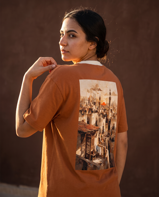 The Midtown Vibes Tee in Sunrise — back print on model