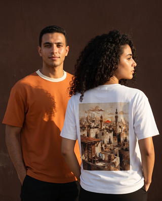 The Midtown Vibes Tee in Sunrise — and in Sugar White — back print, on two models