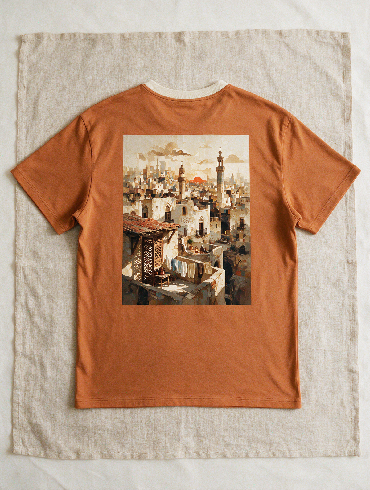 The Midtown Vibes Tee in Sunrise — back print, laid flat on linen
