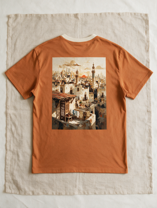 The Midtown Vibes Tee in Sunrise — back print, laid flat on linen