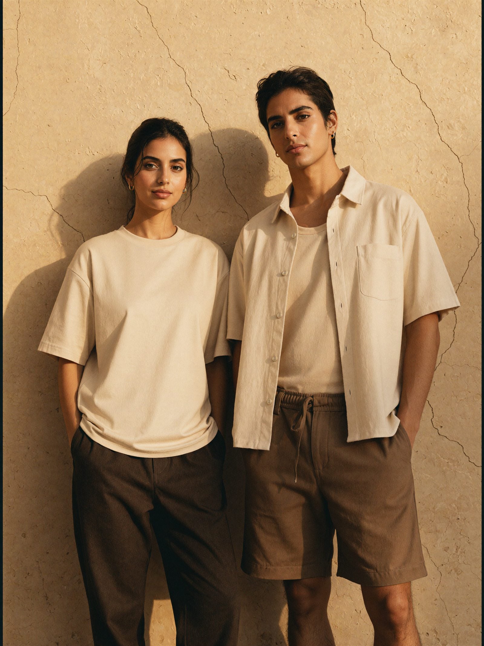 Two HASK looks photographed against a sunlit Cairo wall