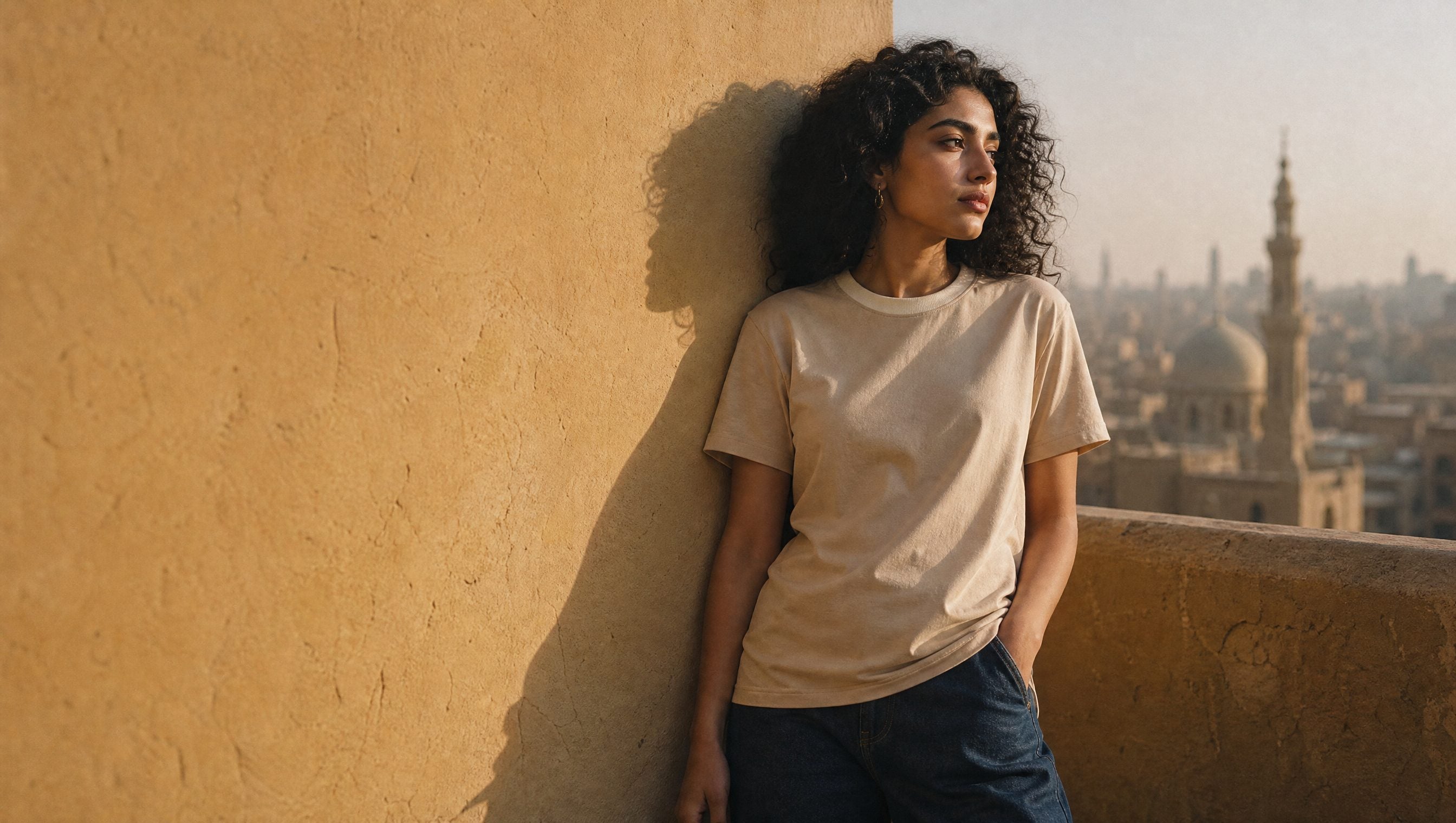 A woman in the HASK Basic Tee in Sand, leaning on a sunlit ochre wall above Cairo at golden hour